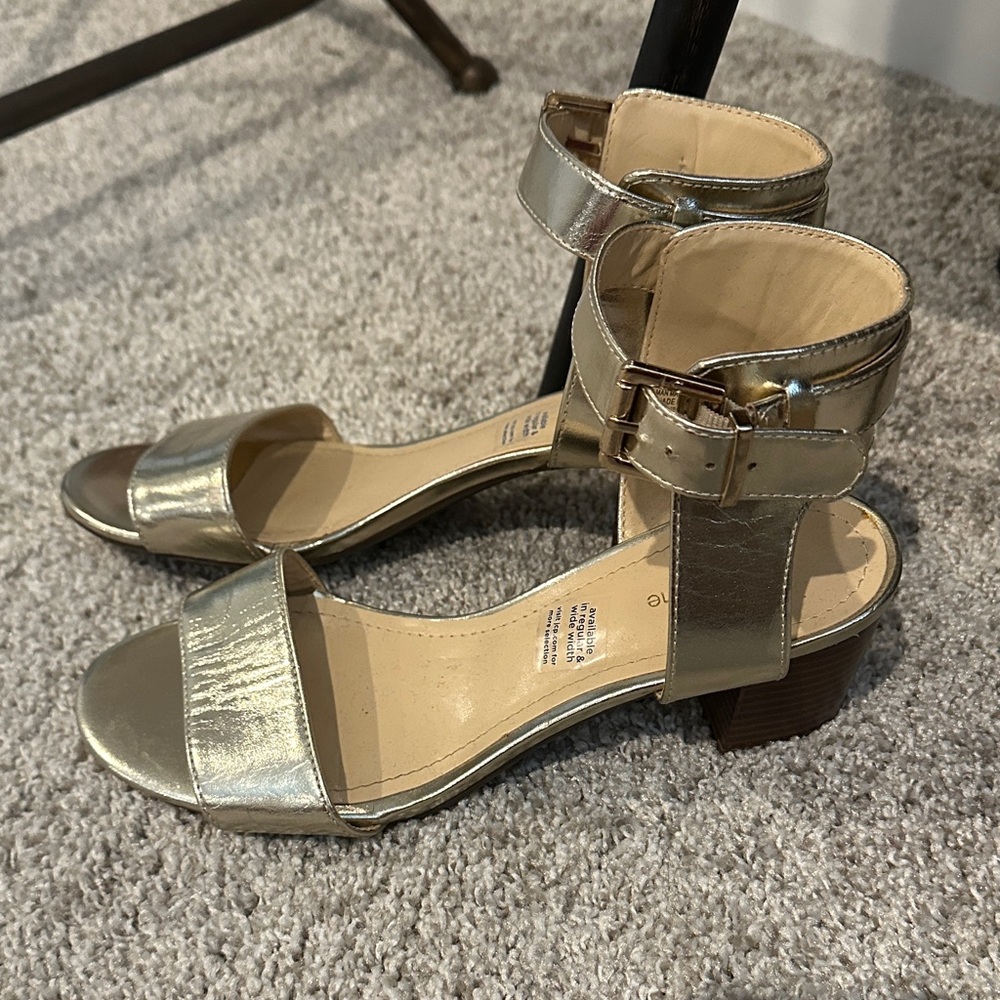 Eclipse Metallic Gold Ankle Strap Block Heel Sandals